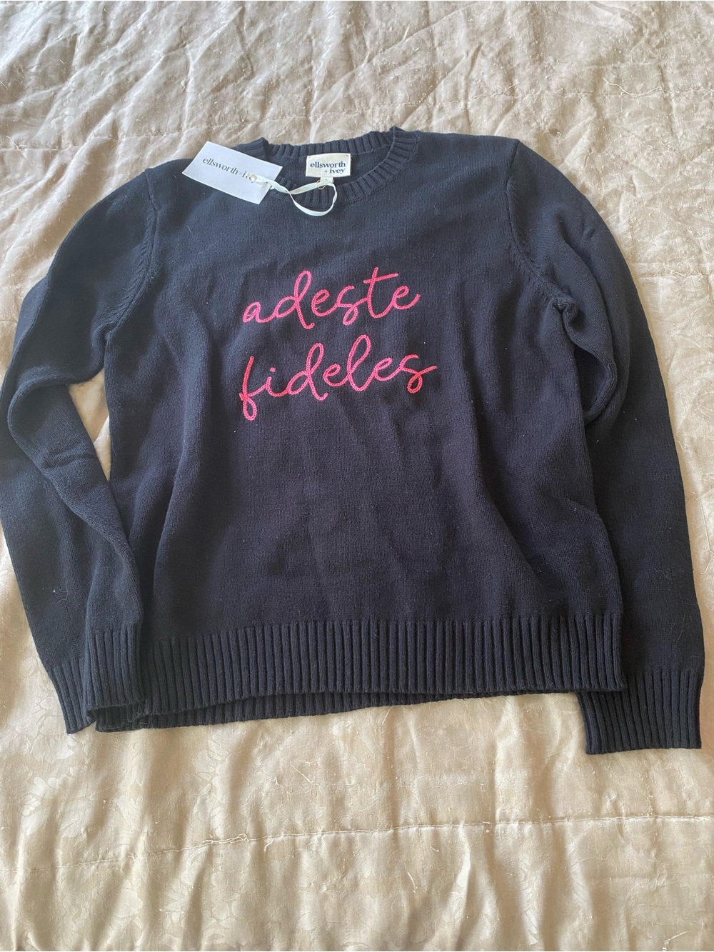 Ellsworth & Ivey Black Crewneck Sweater with Pink Script Size Large